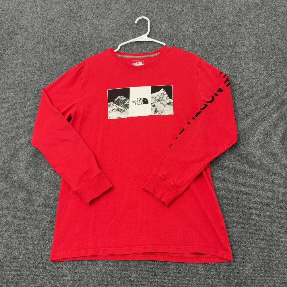 The North Face Long Sleeve Shirt Men M Red Cotton Graphic Mountain Outdoor Style